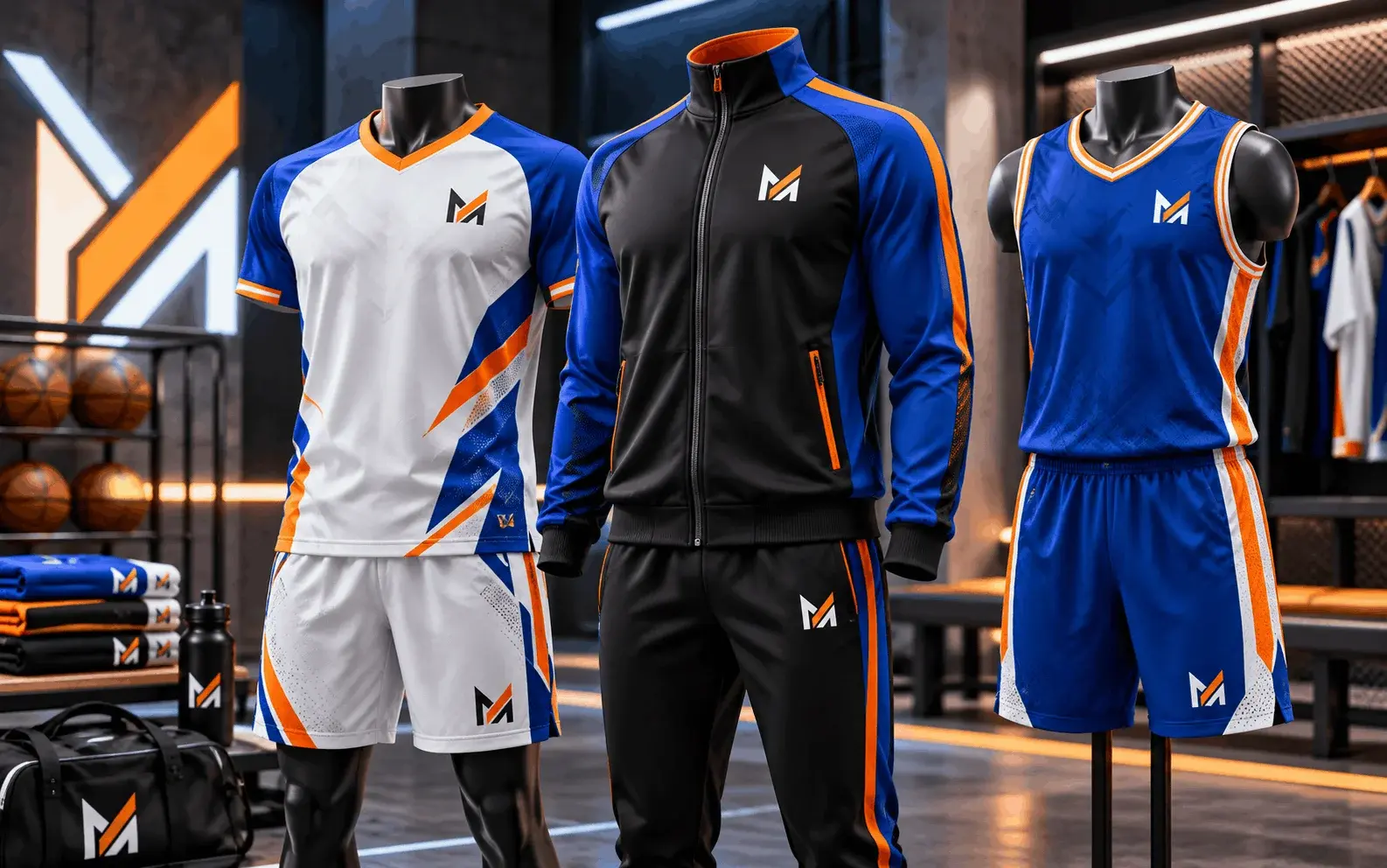 Custom sports and team uniforms displayed on mannequins, featuring a white and blue performance jersey set, a black and blue tracksuit, and a blue basketball uniform with orange accents and Mega Apparel branding.